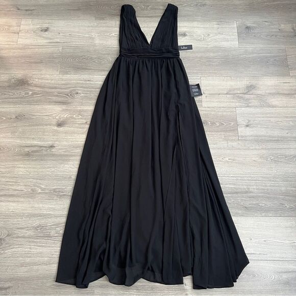 Lulus Heavenly Hues Maxi Dress Small Black Chiffon Slit Formal Wedding Guest 90s - Picture 6 of 12
